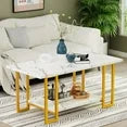 LinkRomat Modern Faux Marble Coffee Table, 40-Inch White 2-Tier Rectangular Living Table End Table Coffee Table with Black Metal Frame for Living Room, Office