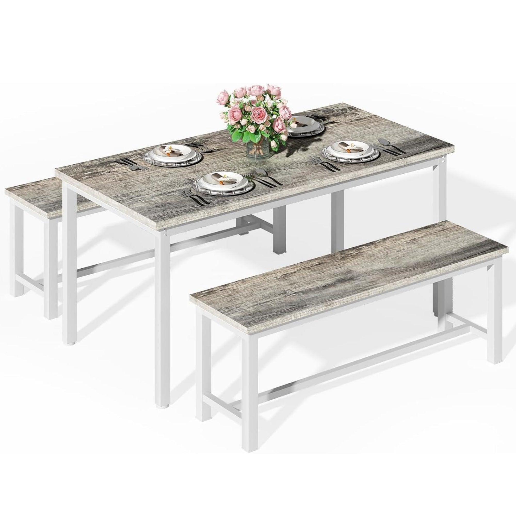 LinkRomat 3 Piece Dining Room Table Set for 4, 47" Farmhouse Dining Table with Benches, Rectangular Kitchen Sets for Small Space, Apartment, Restaurant