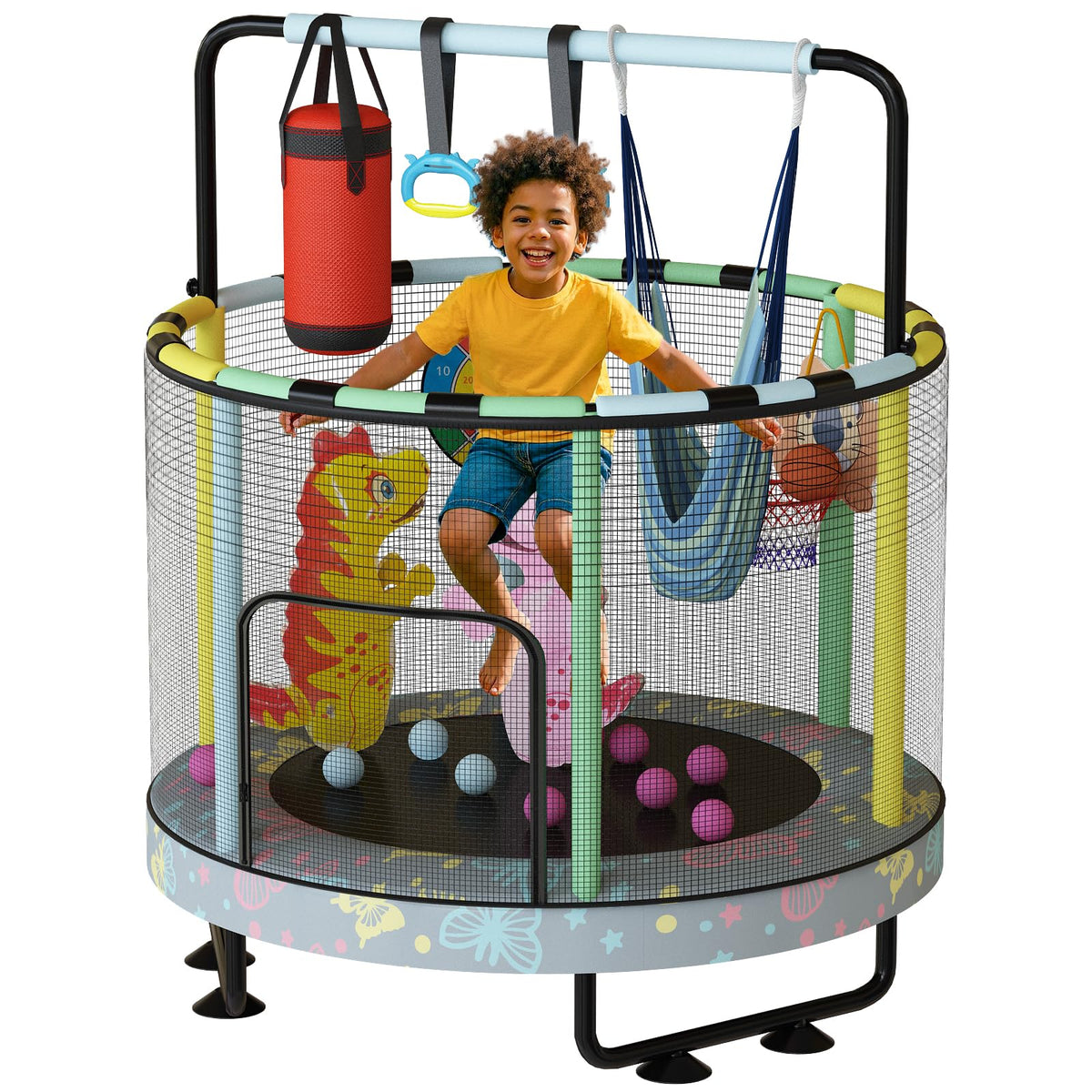 LinkRomat Round Trampoline for Kids, Indoor & Outdoor Toddler Trampoline with Enclosure, Adjustable Height Handrail & Durable Designs for Boys & Girls