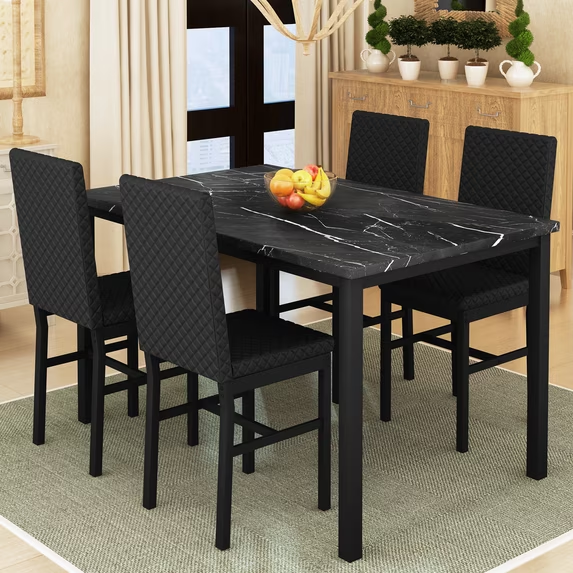 Cvortll Dining Table Set for 4,Faux Marble Kitchen Table with Velvet Upholstered Chairs,Small Dining Room Sets for Small Space Apartment Home,Black