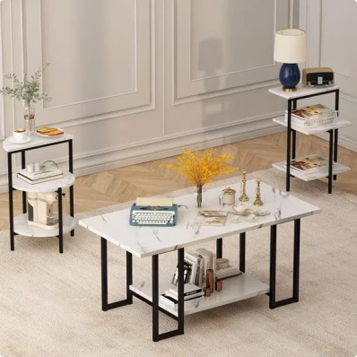 LinkRomat Coffee Table Set of 3, Faux Marble Top with Metal Frame, Includes Coffee Table & 2 Side Tables for Living Room（White & Black）