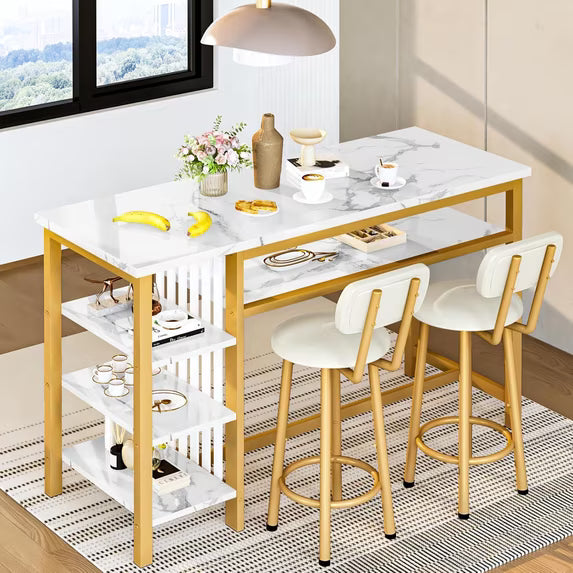 MOOSENG 3-Piece Bar Table and Chairs Set, Faux Marble Kitchen Counter Table with 2 PU Upholstered Bar Stools, Bistro Table with 3-Tier Storage Shelves, Space Saving for Small Space