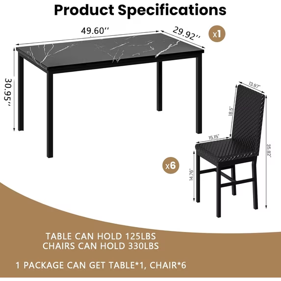 Cvortll Modern 7 Piece Dining Room Sets for 6, Faux Marble Dining Room Sets, PU Leather Chair, Dining Room, Apartment, Black