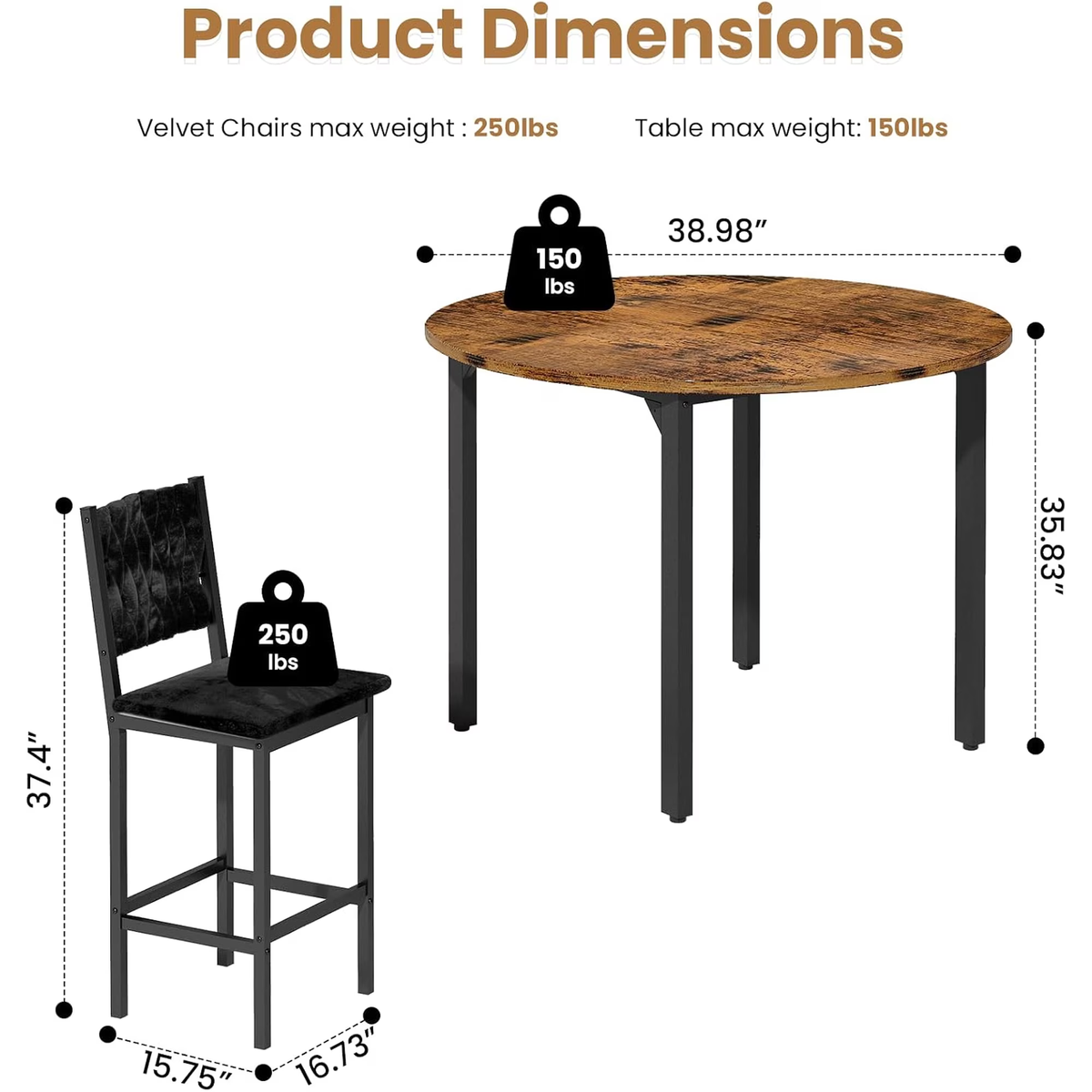 LinkRomat Dining Table Set for 4, Round Kitchen Table Set with 4 Black hand-woven velvet chairs for Kitchen Breakfast Nook Dining(Walnut & Black )