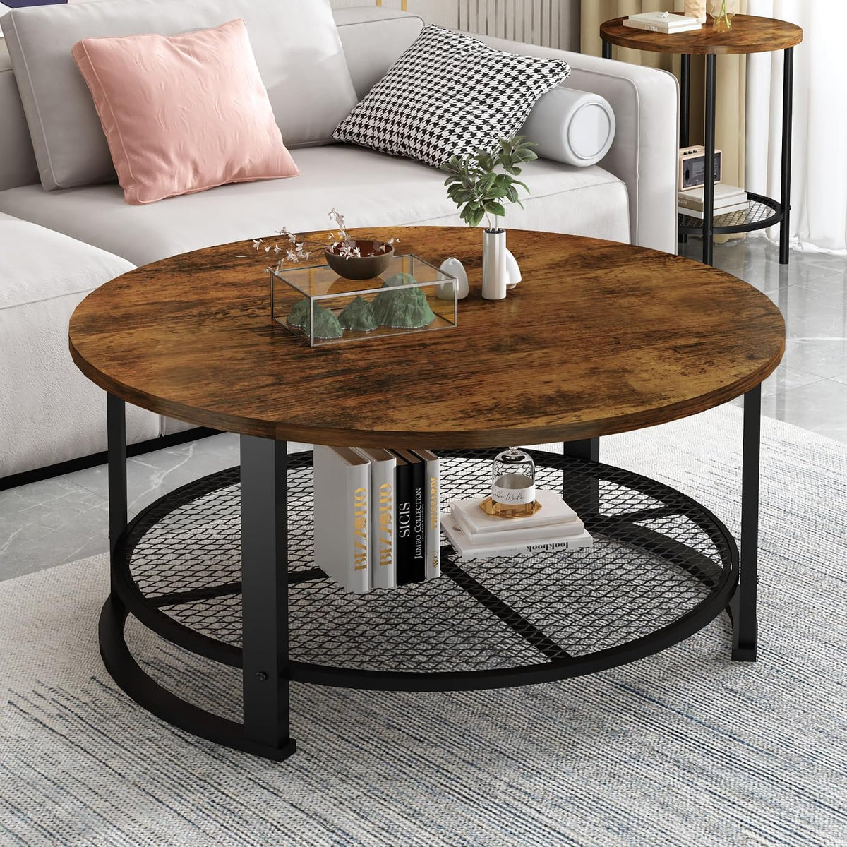 MOOSENG Coffee Table Set of 3, Industrial Vintage Wood Coffee Table with 2 Square End Side Tables, Easy Assembly Living Room Table Set for Offices, Living Rooms and Apartments