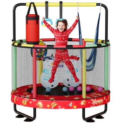 LinkRomat Round Trampoline for Kids, Indoor & Outdoor Toddler Trampoline with Enclosure, Adjustable Height Handrail & Durable Designs for Boys & Girls, 450lbs Capacity, 7-in-1, 55"