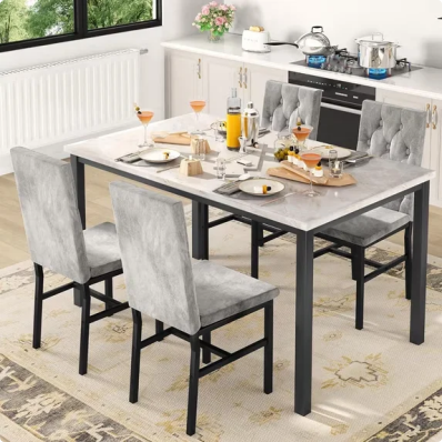 LinkRomat Dining Table Set for 4, Faux Marble Kitchen Table and Chairs, 5 Piece Small Dining Room Set with Button Tufted Upholstered Chairs, Gray