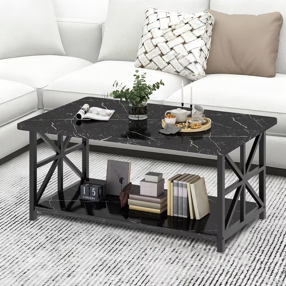 Cvortll Coffee Table Round Corners, 2 Tier Living Room Table with Storage Shelf, Rectangular Tabletop Center Desk for Small Spaces, Black