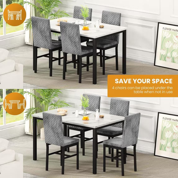 MOOSENG Small Dining Table Set for 4, 5 Pieces Dining Room Sets with Faux Marble Table & Velvet Chairs, Modern Kitchen Table Set with Chair for 4