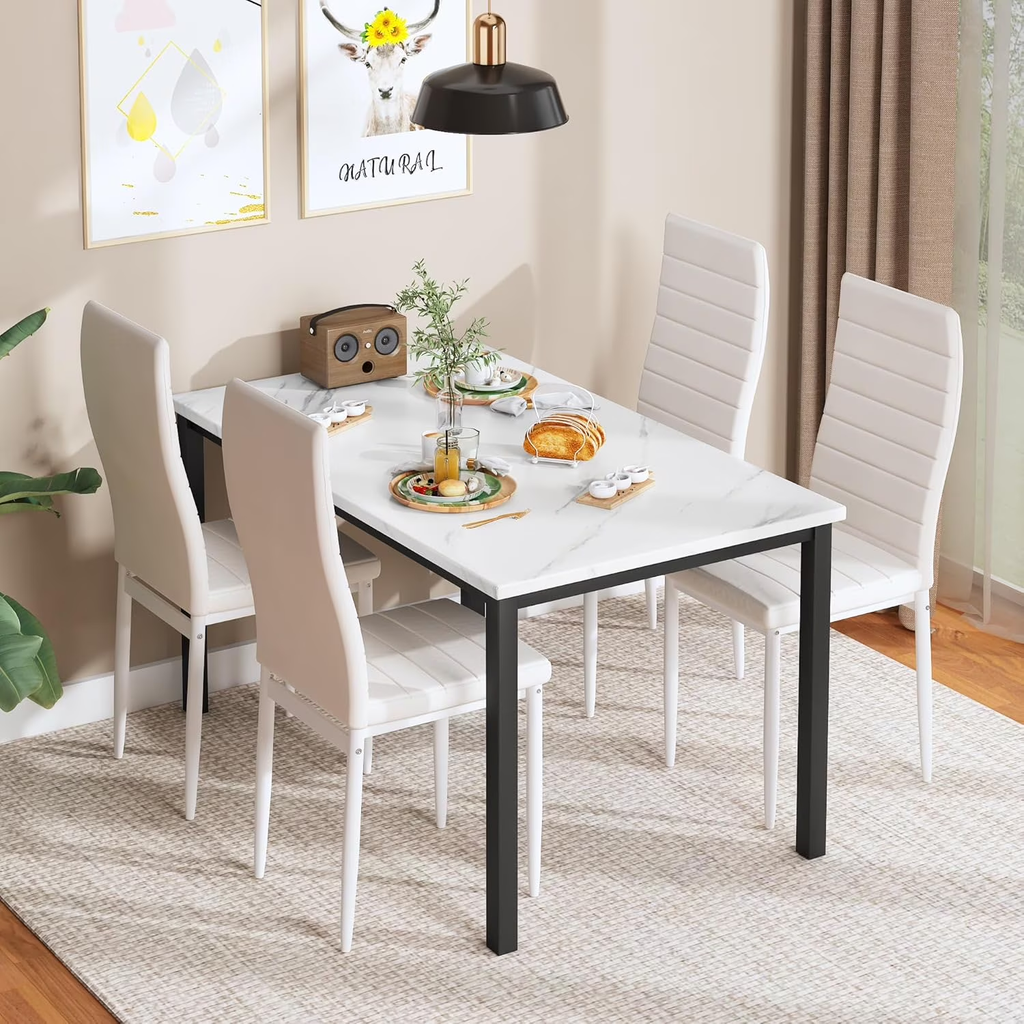 LinkRomat 5-Piece Faux Marble Dining Table Set, Rectangular Table and 4 PU Leather Chairs,Kitchen Table and Chairs for Dining Room,Living Room,Breakfast Nook Black