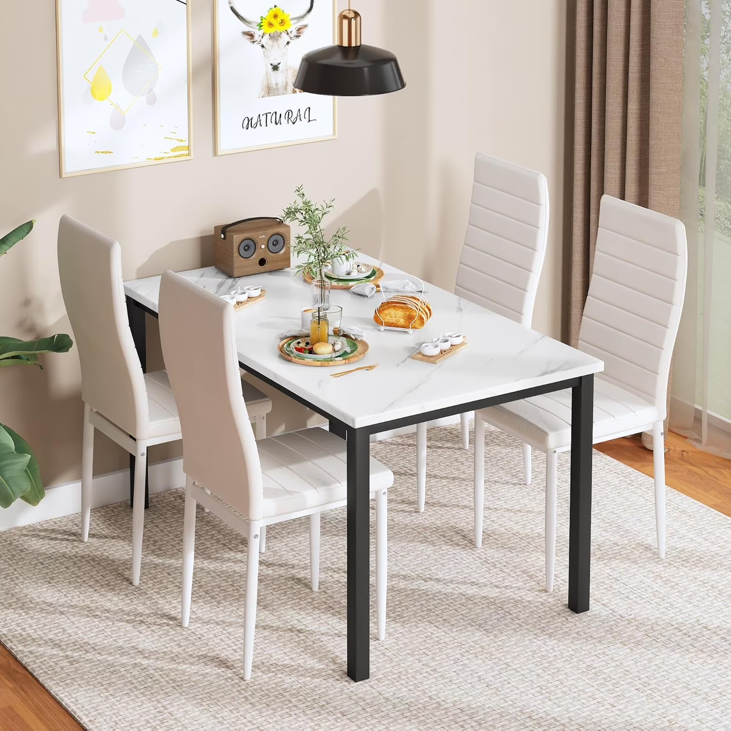 LinkRomat 5-Piece Faux Marble Dining Table Set, Rectangular Table and 4 PU Leather Chairs,Kitchen Table and Chairs for Dining Room,Living Room,Breakfast Nook Black