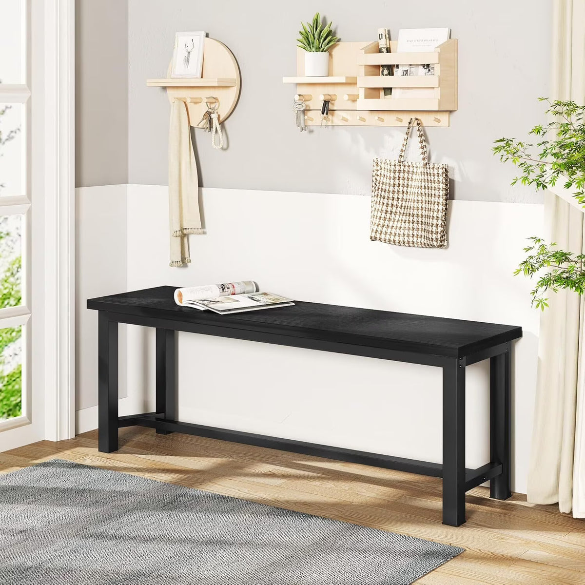 MOOSENG 2 Pack 39 Inch Industrial Dining Bench Set of 2 Black Kitchen Bench with Metal Legs Durable and Stable for Dining Room Living Room Bedroom Entryway