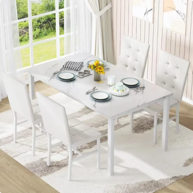 LinkRomat 5-Piece Faux Marble Dining Table Set for 4, Modern Kitchen Table with Chairs, Dinette Dining Room Furniture Set for Compact Space Saving