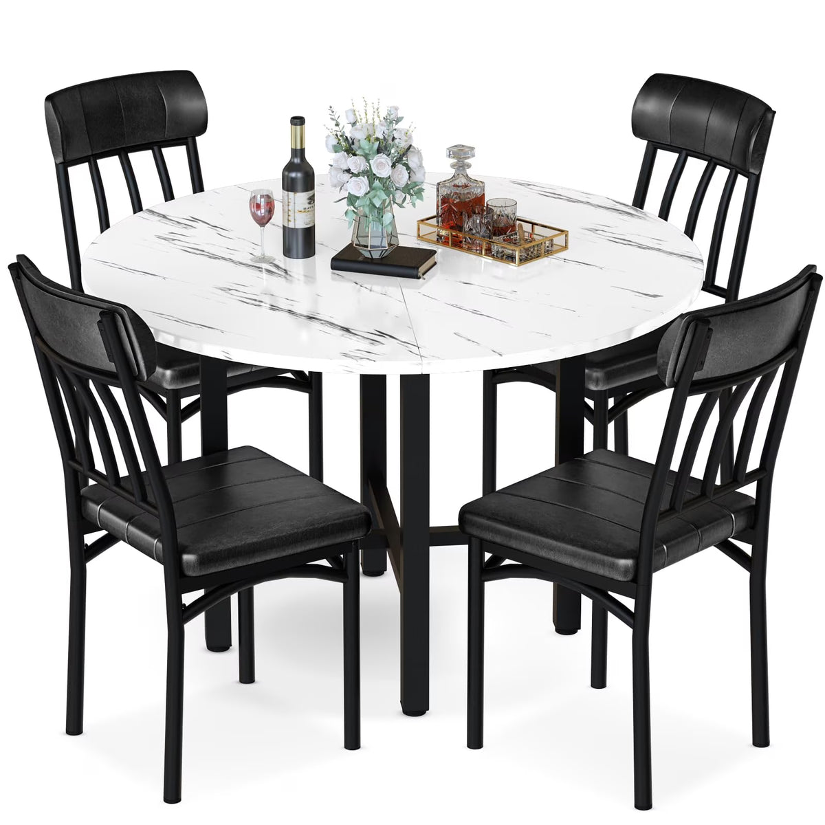 MOOSENG Round Dining Table Set for 4,Faux Marble Circle Dining Table Set with Chairs,Modern Kitchen Table and Chairs Set for 4,Round Dinner Table & Chair Set for Small Space