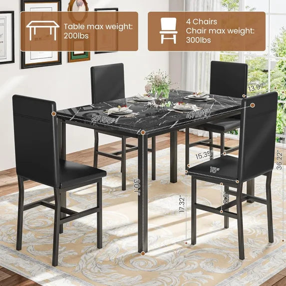 MOOSENG 5 Piece Dining Table Set for 4, Faux Marble Kitchen Table and Chairs for 4, Modern Dining Room Table with 4 Chairs, Dinner Table Set for Small Spaces, Black