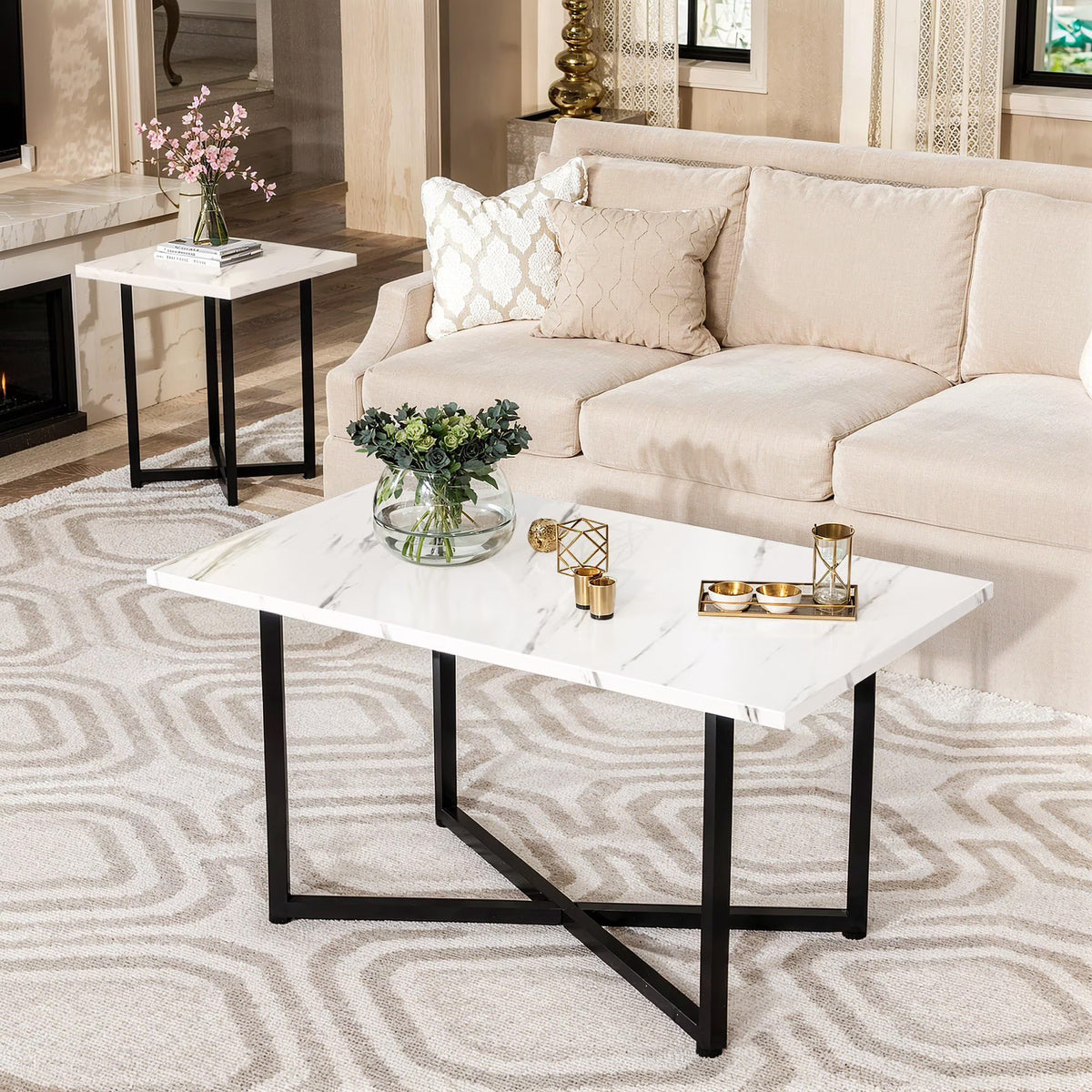 MOOSENG Coffee Table Set of 3, Industrial Vintage Wood Coffee Table with 2 Square End Side Tables, Easy Assembly Living Room Table Set for Offices, Living Rooms and Apartments