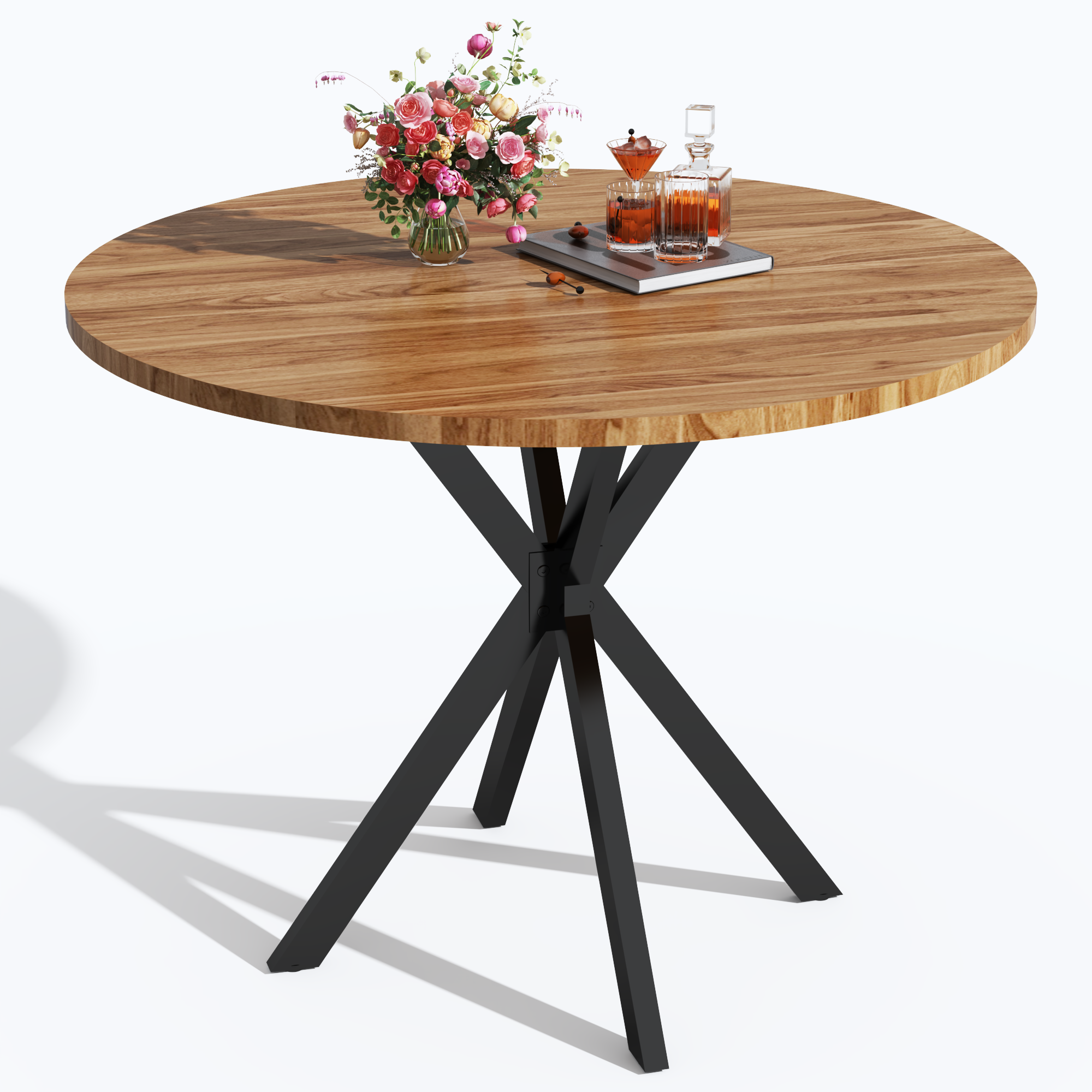 LinkRomat Mid-Century Round Kitchen Table, 39" Leisure Dining Table with 1.18" Thick Top & Black Metal Legs for 4–5 People, Walnut