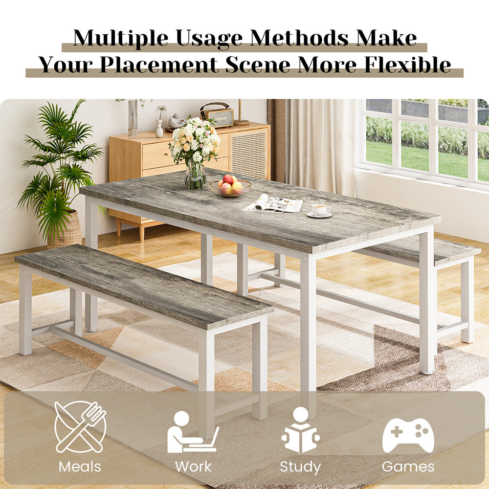 LinkRomat 3 Piece Dining Room Table Set for 4, 47" Farmhouse Dining Table with Benches, Rectangular Kitchen Sets for Small Space, Apartment, Restaurant