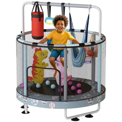LinkRomat Round Trampoline for Kids, Indoor & Outdoor Toddler Trampoline with Enclosure, Adjustable Height Handrail & Durable Designs for Boys & Girls, 500lbs Capacity, 7-in-1, 55"