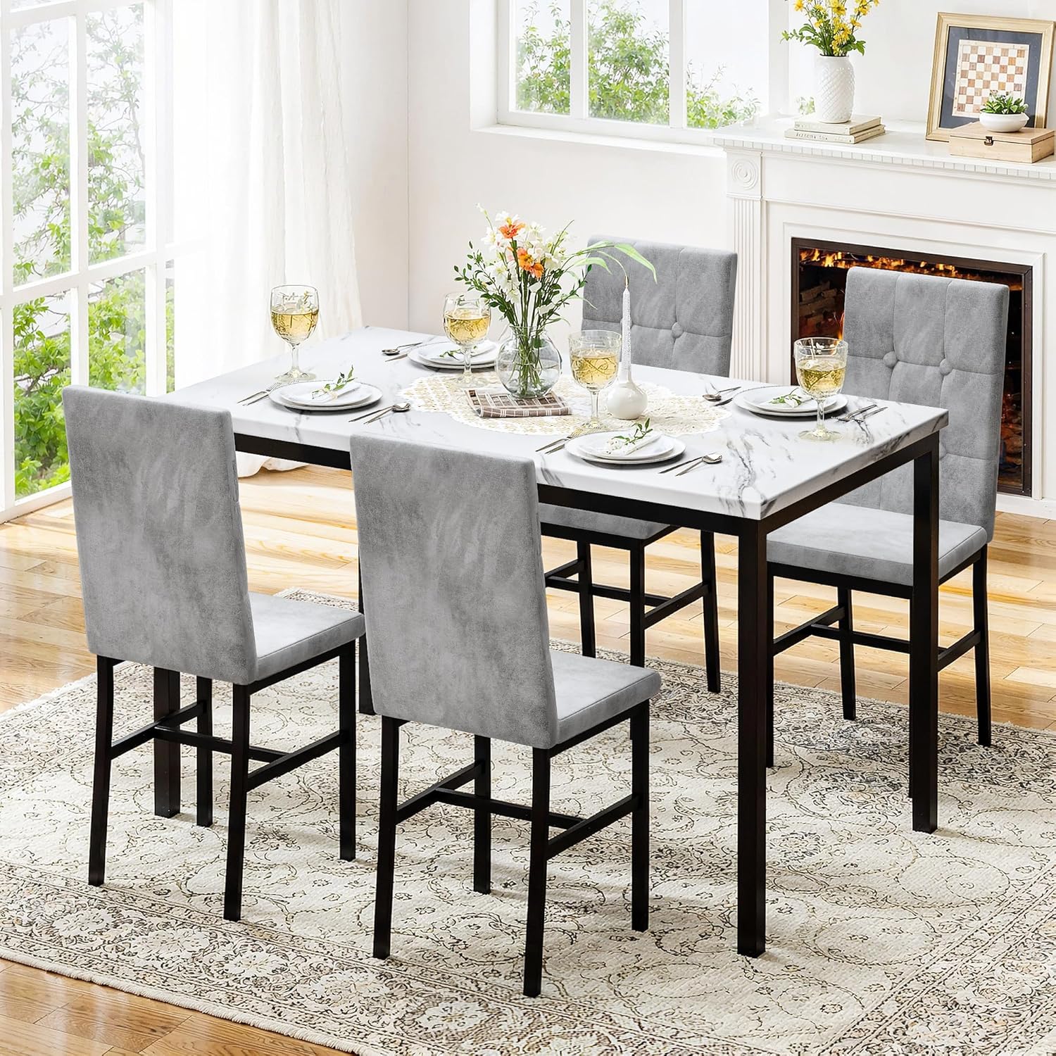 LinkRomat Modern Dining Table Set, Grey Faux Marble Rectangular Table Set and 4 Black PU Cushion Chairs, Dining Room Home Furniture for Small Space