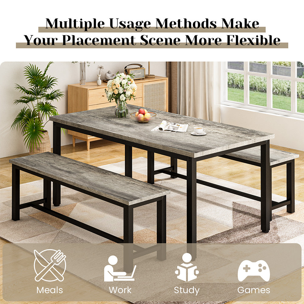 LinkRomat 3 Piece Dining Room Table Set for 4, 47" Farmhouse Dining Table with Benches, Rectangular Kitchen Sets for Small Space, Apartment, Restaurant, Grey & Black