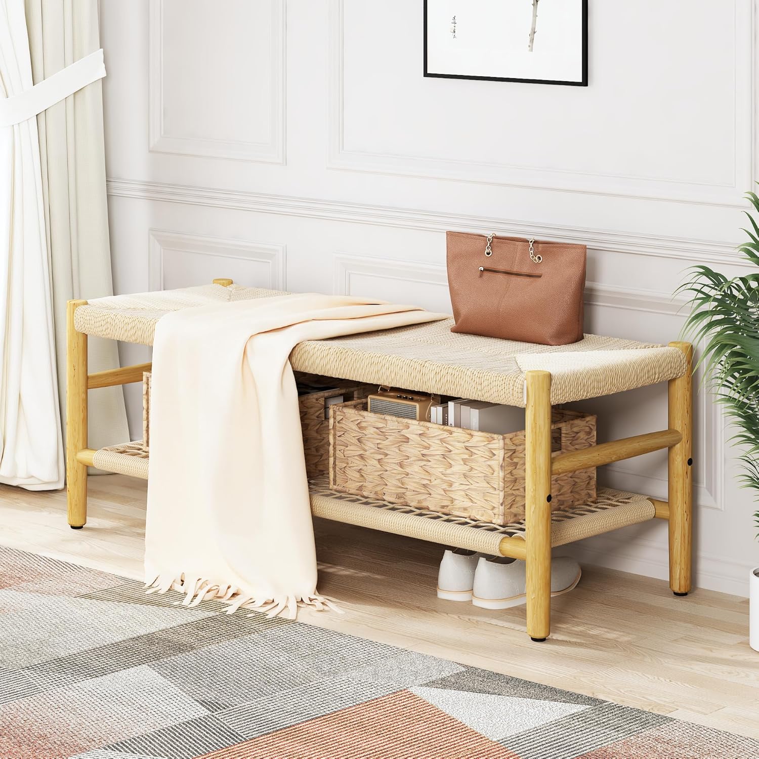 LinkRomat Wicker Bench Indoor Entryway Bench with Paper Cord Ottoman & Grid Storage Rack, Mid-Century Long Chair with Wood Legs for Room Channel