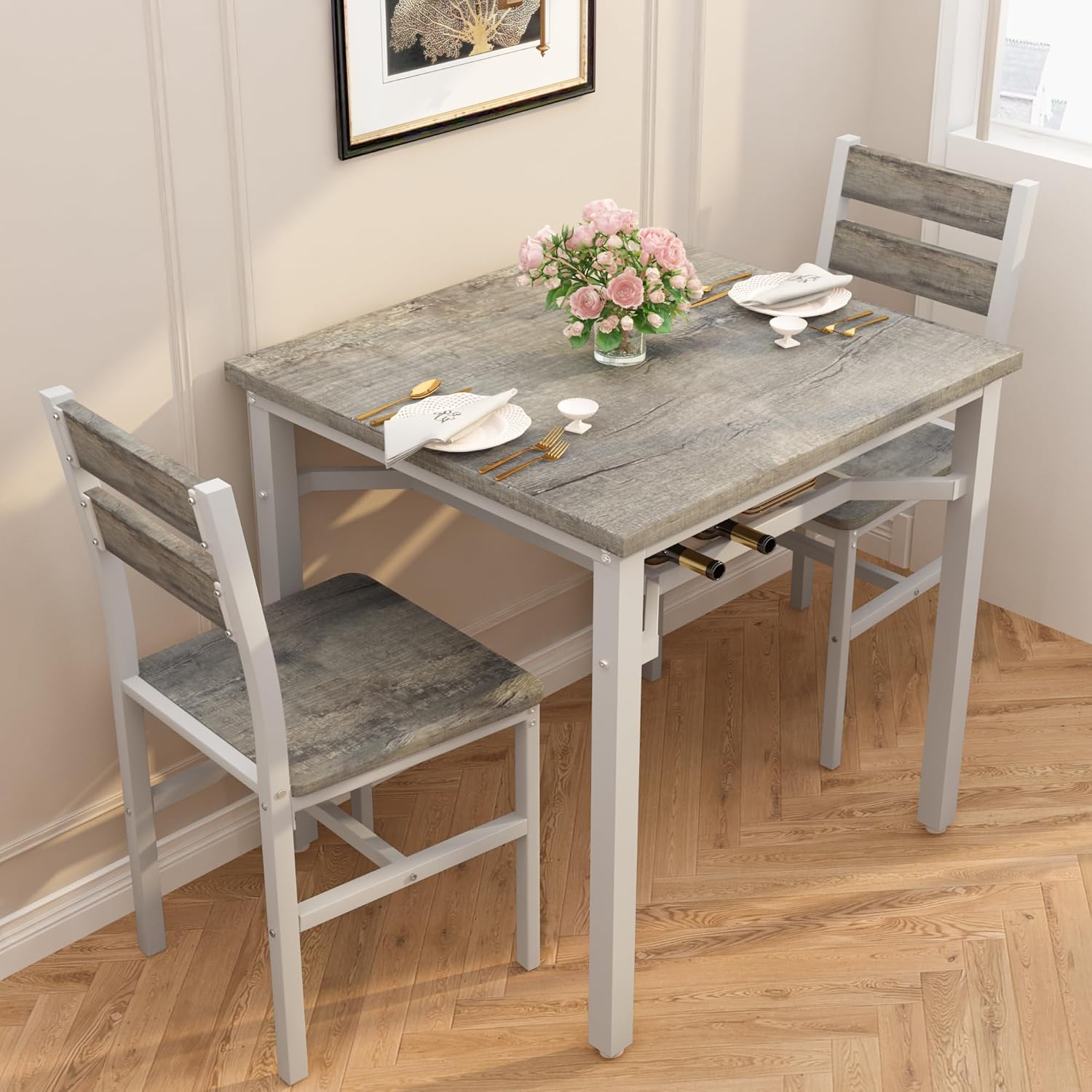 LinkRomat Small Dining Table for 2, Wooden Dinner Table with Storage, 3 Piece Farmhouse Square Dinette Set for Dining Room, Apartment, Small Space