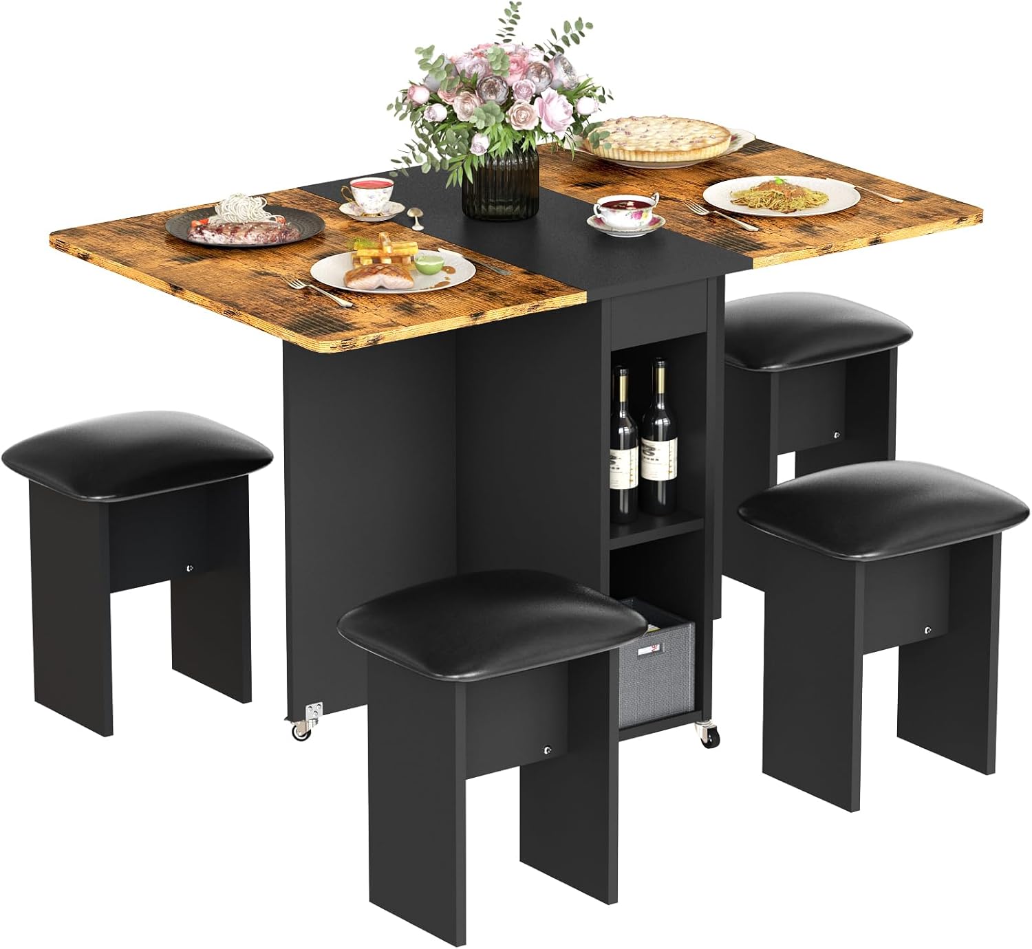LinkRomat Folding Dining Table Set for 4, Kitchen Table with Shelves & 4 Leather Chairs, Space Saving Foldable Dining Table with 6 Wheel (Grey)