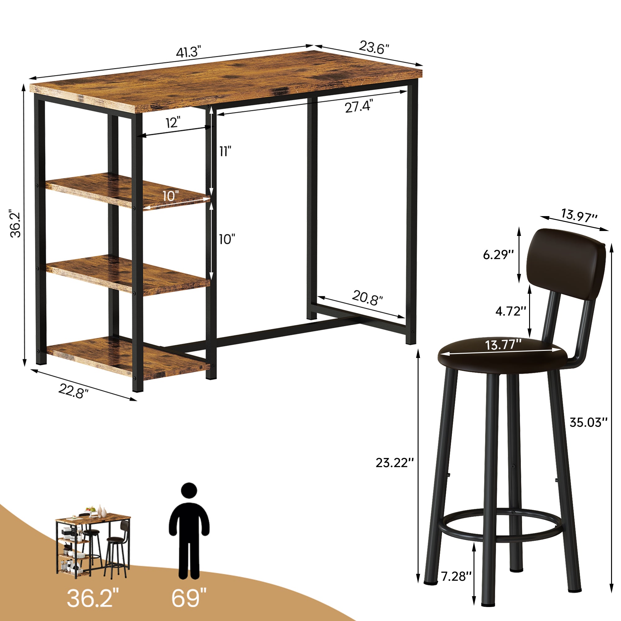 LinkRomat Dining Table Set for 2,3 Piece Pub Table and Chairs Set with Storage Shelves, Small Space Bistro Kitchen & Bar Tables, Counter Height Dining Set
