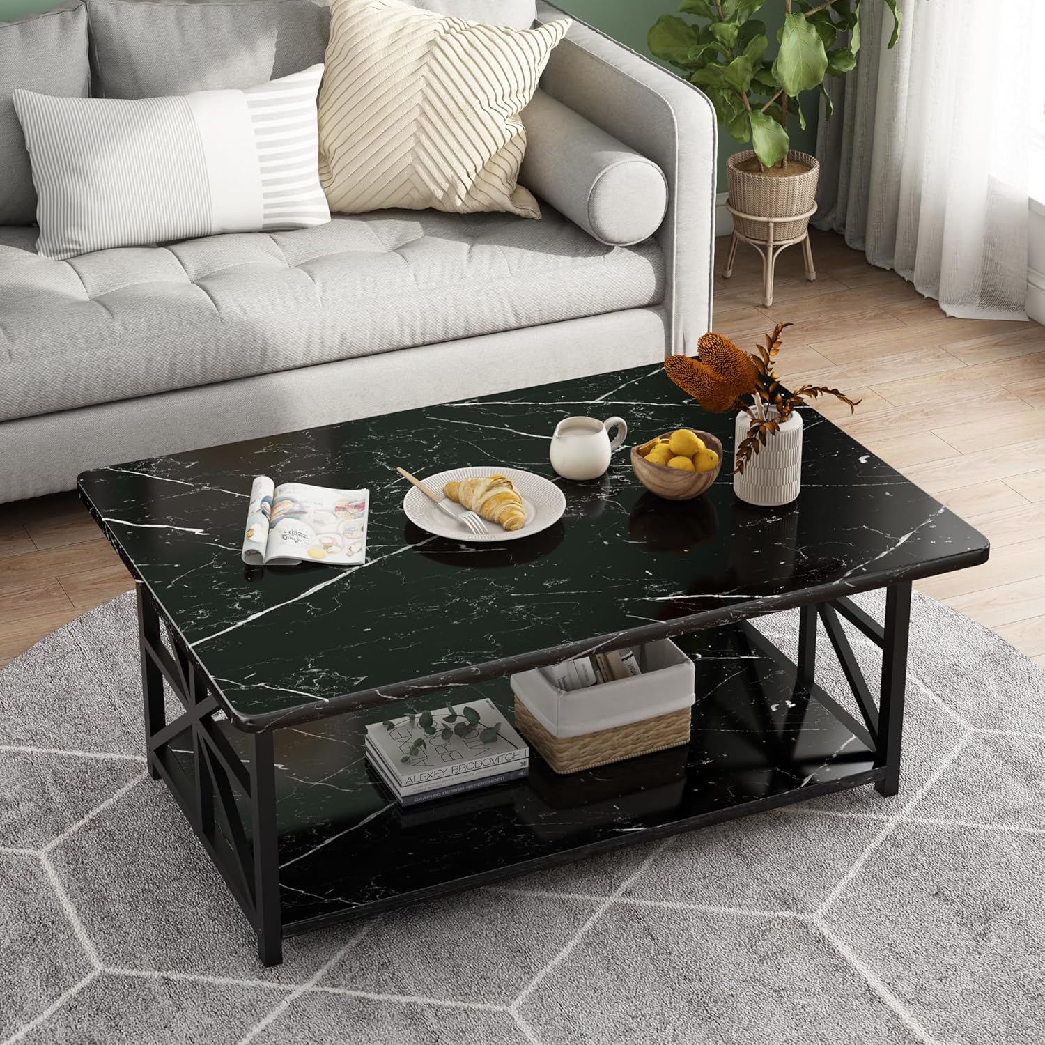 LinkRomat Rectangular Coffee Table with Storage Shelf, 2-Tier Center Table with Rounded Corners for Living Room, Small Spaces, Easy Assembly, Black