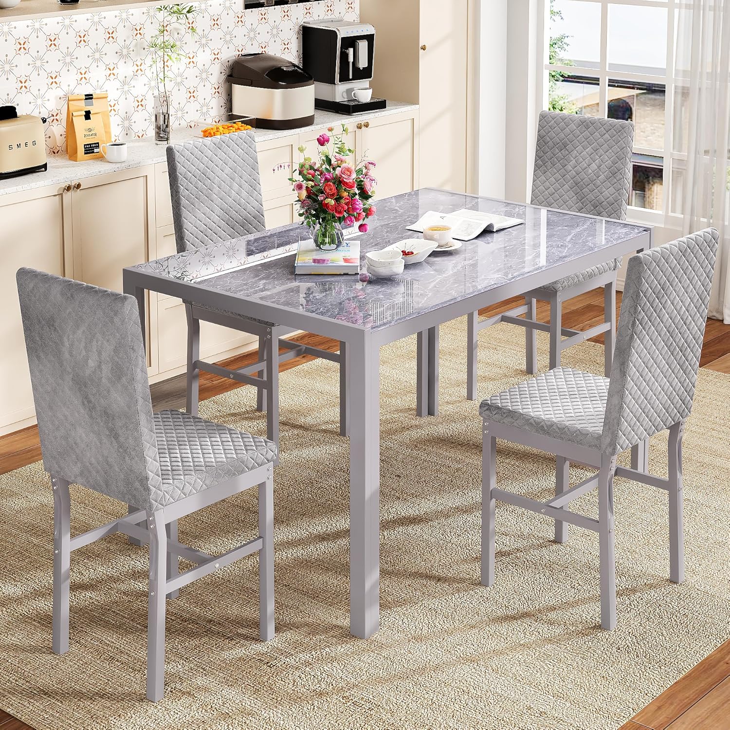 LinkRomat Dining Table Set for 4, Glass Table & PU Leather Chairs, Kitchen Tabletop and Chairs Set for Small Space, Apartment, Home Furniture, White