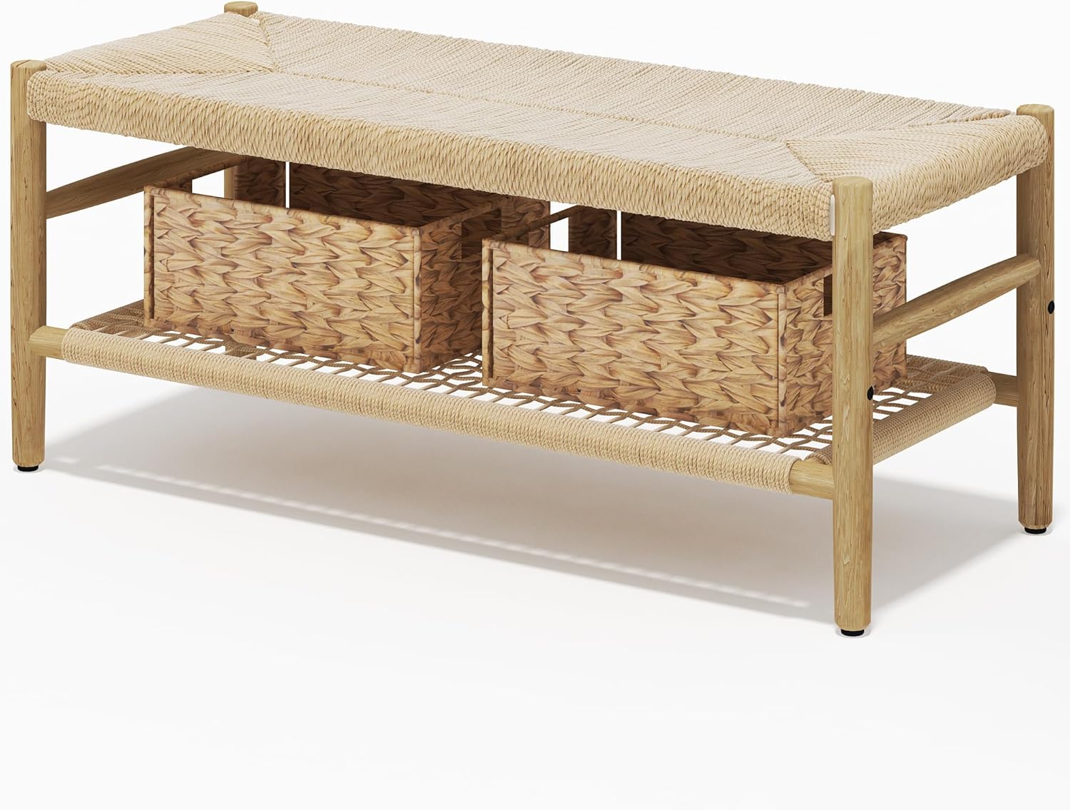 LinkRomat Wicker Bench Indoor Entryway Bench with Paper Cord Ottoman & Grid Storage Rack, Mid-Century Long Chair with Wood Legs for Room Channel