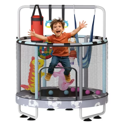 LinkRomat Round Trampoline for Kids, Indoor & Outdoor Toddler Trampoline with Enclosure, Adjustable Height Handrail & Durable Designs for Boys & Girls, 500lbs Capacity, 7-in-1, 55"
