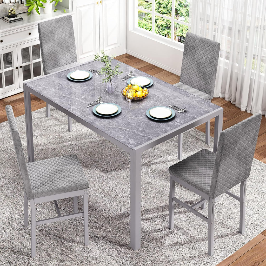 LinkRomat Dining Table Set for 4, Glass Table & PU Leather Chairs, Kitchen Tabletop and Chairs Set for Small Space, Apartment, Home Furniture, White