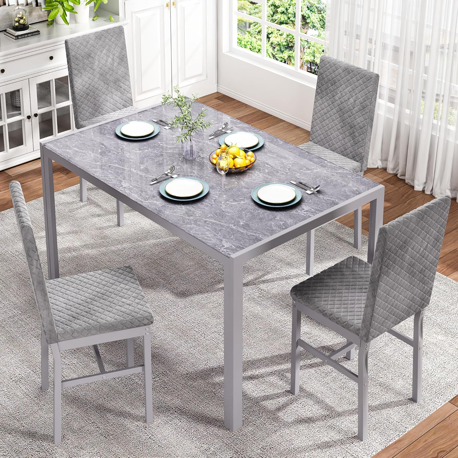 LinkRomat Dining Table Set for 4, Glass Table & PU Leather Chairs, Kitchen Tabletop and Chairs Set for Small Space, Apartment, Home Furniture, White