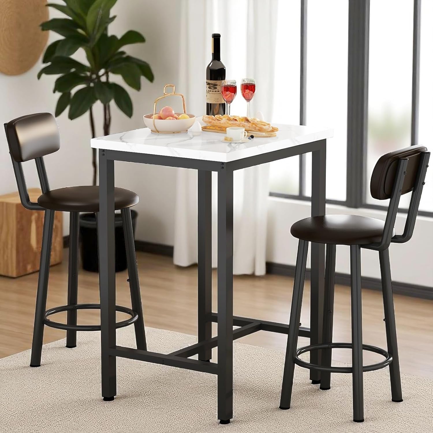 3 Piece Pub Dining Set, 24" Dining Table Set with 2 PU Leather Upholstered Stools, Square Small Space Kitchen Table Pub Set for Apartment Dining Room, Living Room