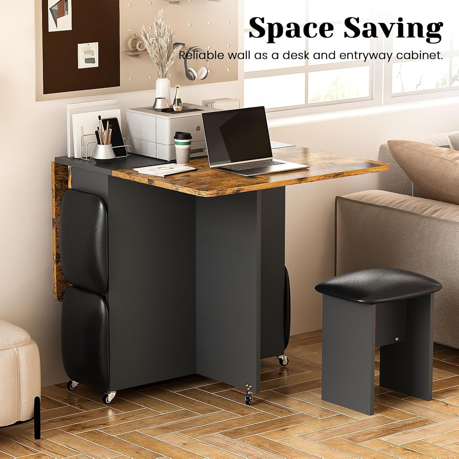 LinkRomat Folding Dining Table Set for 4, Kitchen Table with Shelves & 4 Leather Chairs, Space Saving Foldable Dining Table with 6 Wheel (Grey)