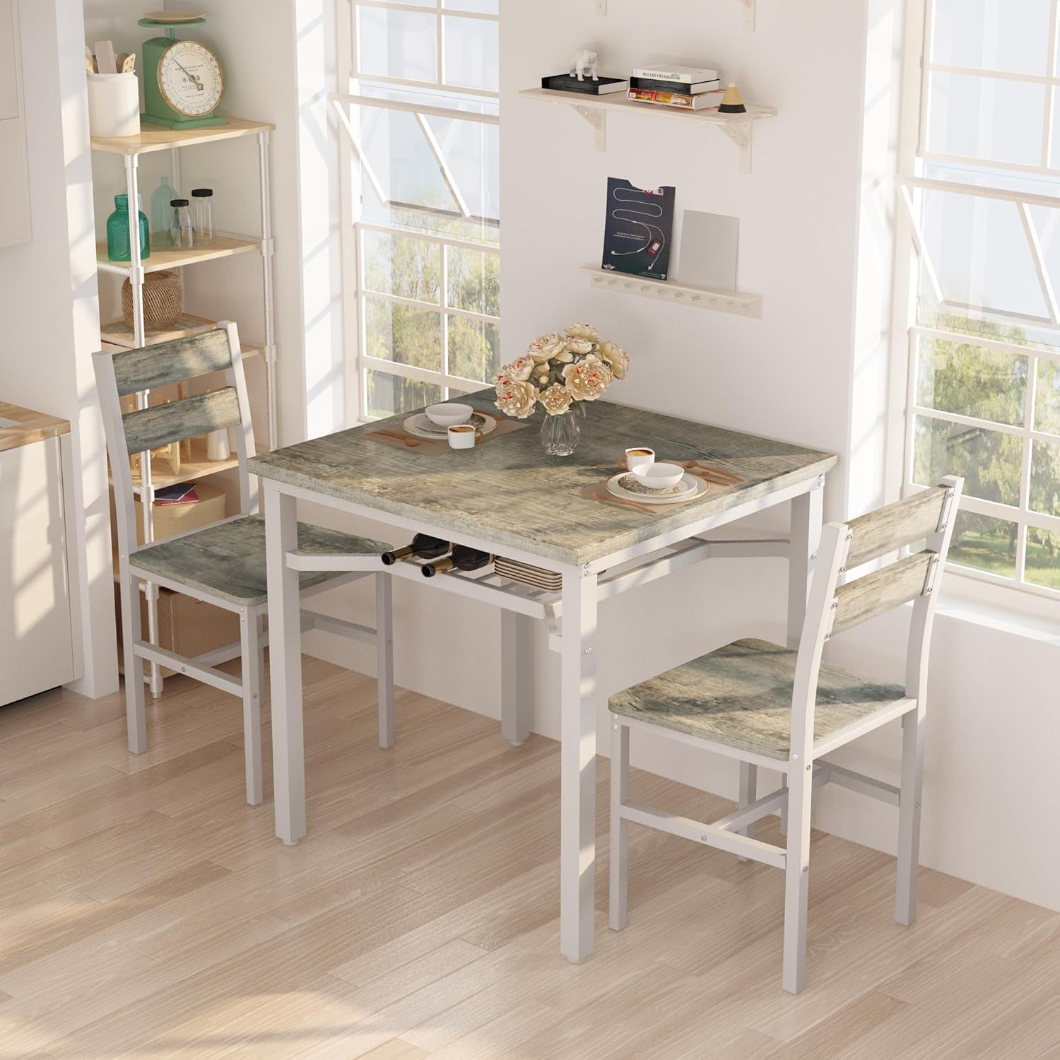 LinkRomat Small Dining Table for 2, Wooden Dinner Table with Storage, 3 Piece Farmhouse Square Dinette Set for Dining Room, Apartment, Small Space