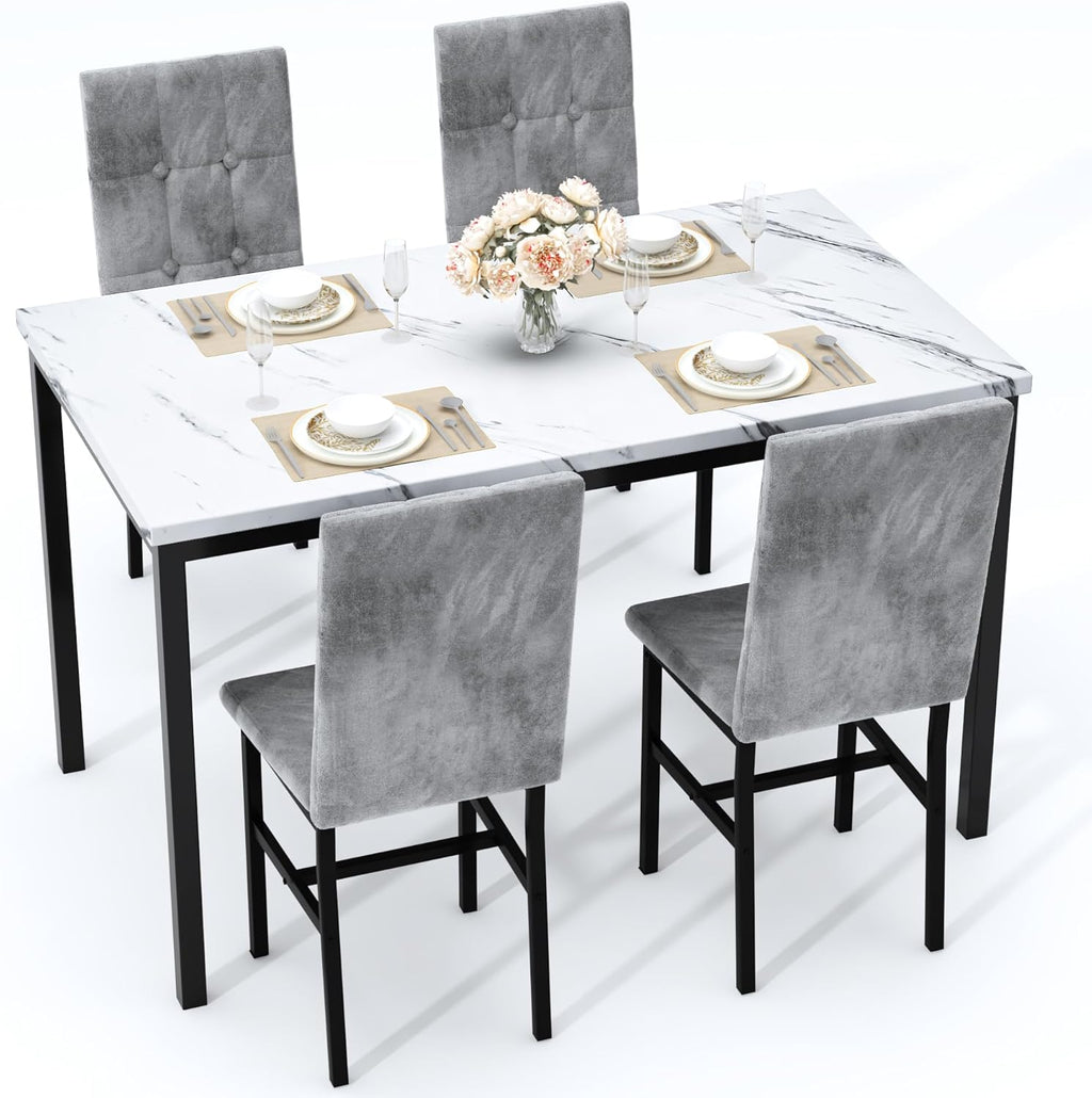 LinkRomat Modern Dining Table Set, Grey Faux Marble Rectangular Table Set and 4 Black PU Cushion Chairs, Dining Room Home Furniture for Small Space