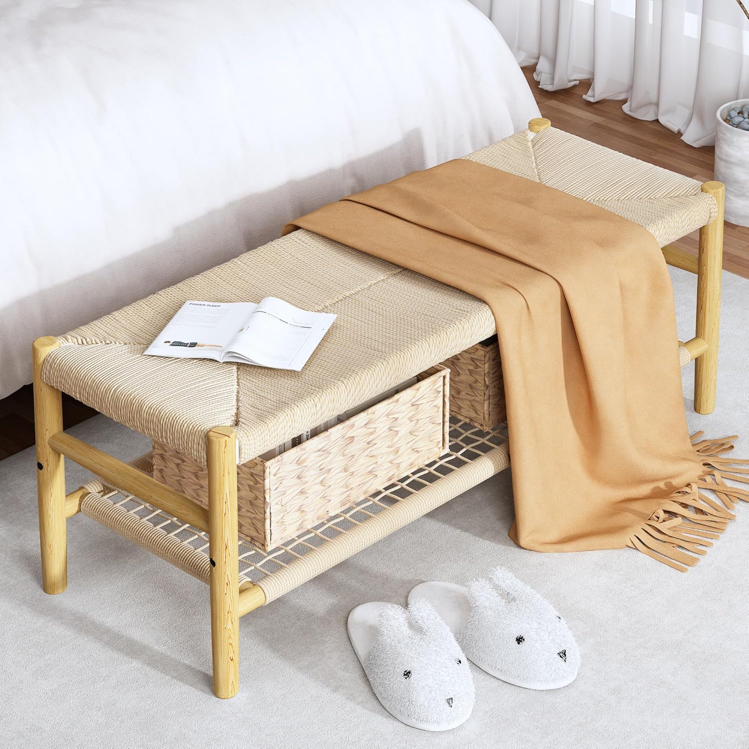 LinkRomat Wicker Bench Indoor Entryway Bench with Paper Cord Ottoman & Grid Storage Rack, Mid-Century Long Chair with Wood Legs for Room Channel