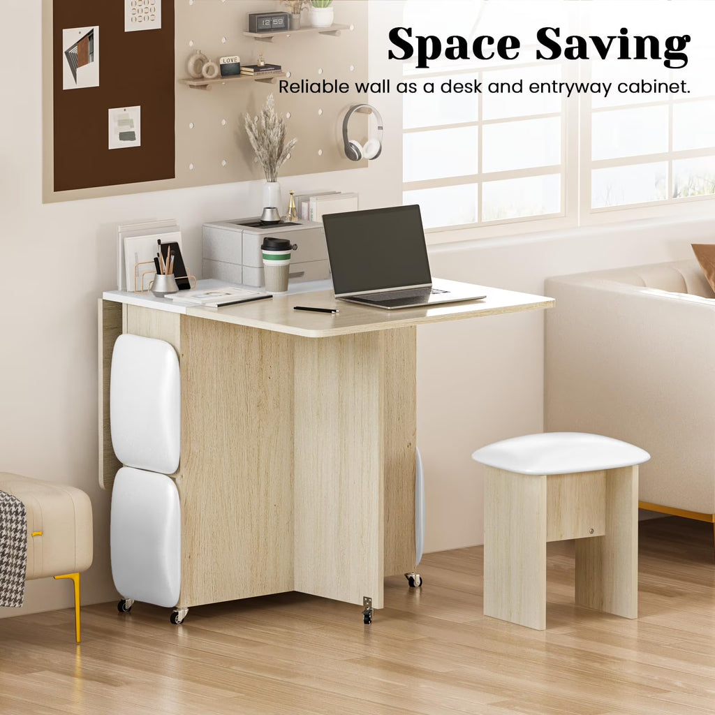 MOOSENG Folding Dining Table Set for 4, Dinner Table with 4 Leather Chairs and Shelves, Space Saving Foldable Dining Table with 6 Wheels, Kitchen Table Set for Small Spaces
