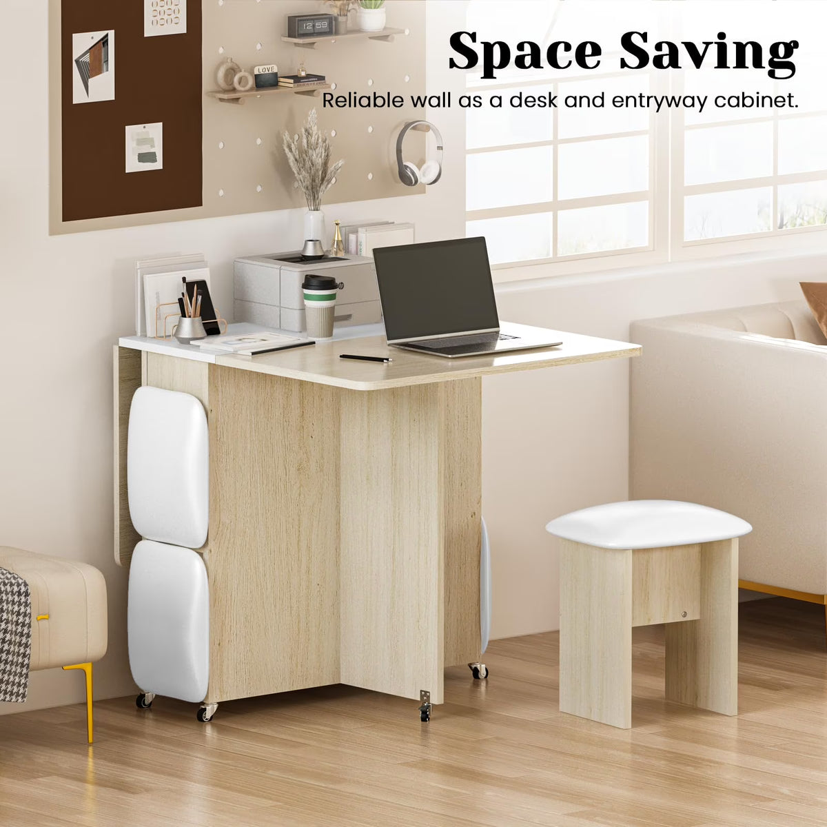 MOOSENG Folding Dining Table Set for 4, Dinner Table with 4 Leather Chairs and Shelves, Space Saving Foldable Dining Table with 6 Wheels, Kitchen Table Set for Small Spaces