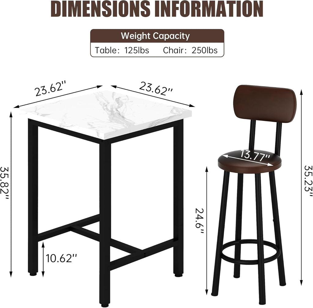 3 Piece Pub Dining Set, 24" Dining Table Set with 2 PU Leather Upholstered Stools, Square Small Space Kitchen Table Pub Set for Apartment Dining Room, Living Room