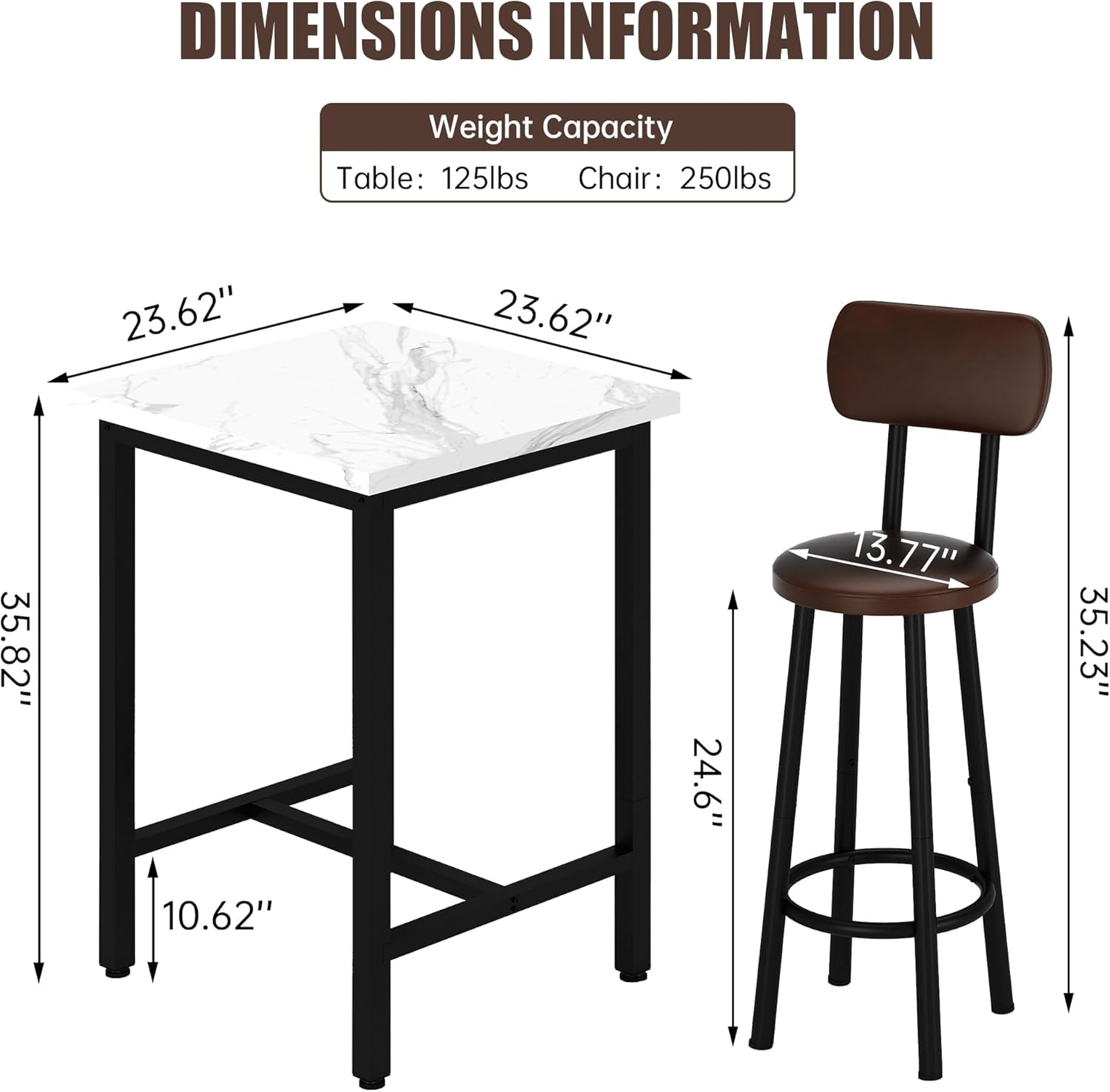 3 Piece Pub Dining Set, 24" Dining Table Set with 2 PU Leather Upholstered Stools, Square Small Space Kitchen Table Pub Set for Apartment Dining Room, Living Room
