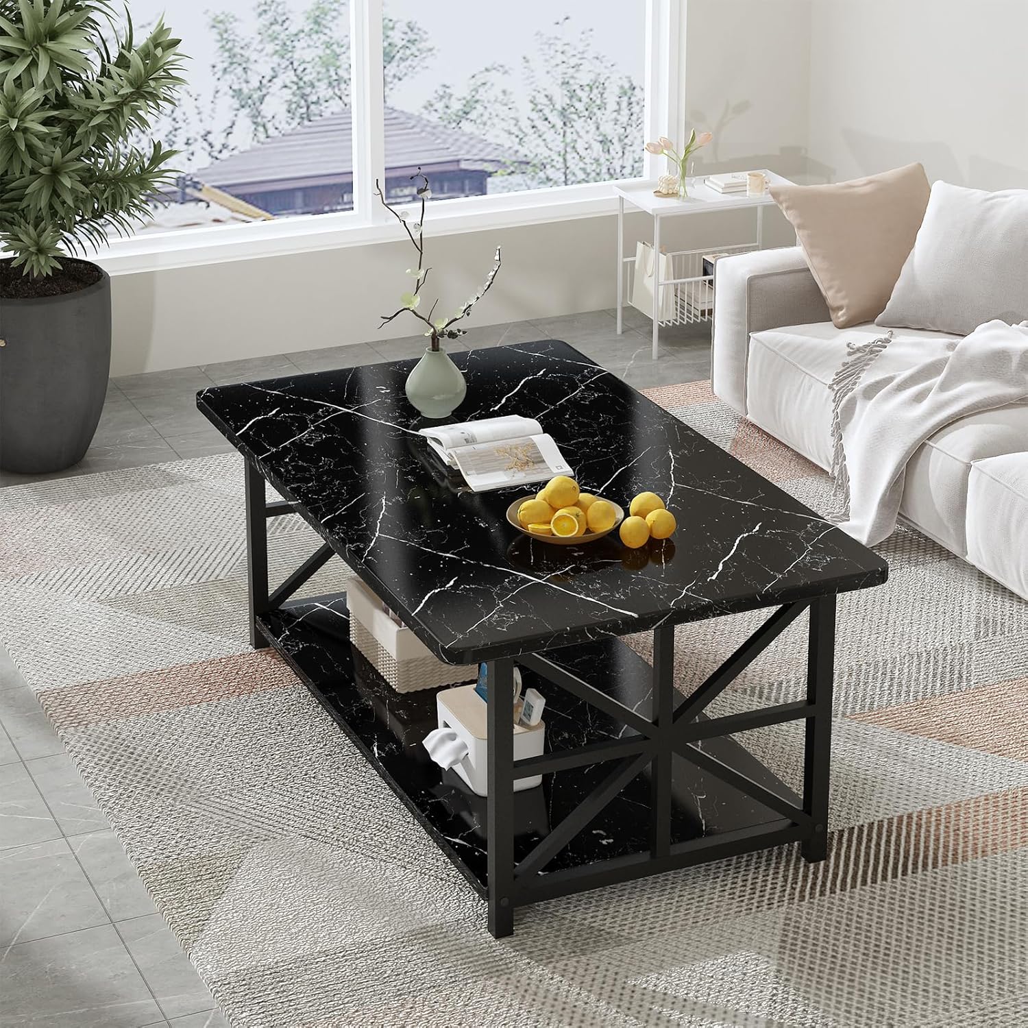 LinkRomat Rectangular Coffee Table with Storage Shelf, 2-Tier Center Table with Rounded Corners for Living Room, Small Spaces, Easy Assembly, Black