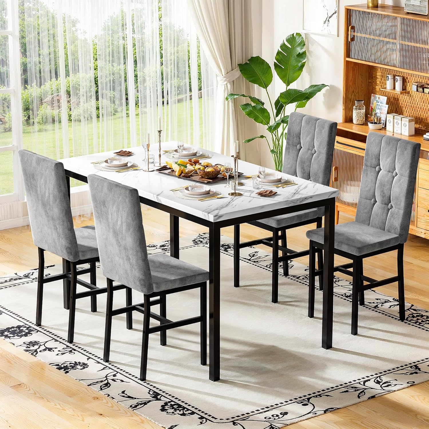 LinkRomat Modern Dining Table Set, Grey Faux Marble Rectangular Table Set and 4 Black PU Cushion Chairs, Dining Room Home Furniture for Small Space