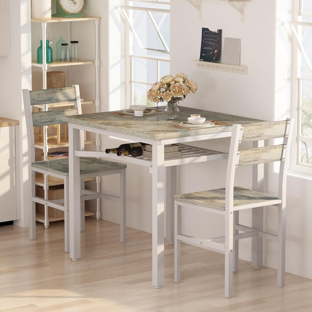 LinkRomat Small Dining Table for 2, Wooden Dinner Table with Storage, 3 Piece Farmhouse Square Dinette Set for Dining Room, Apartment, Small Space