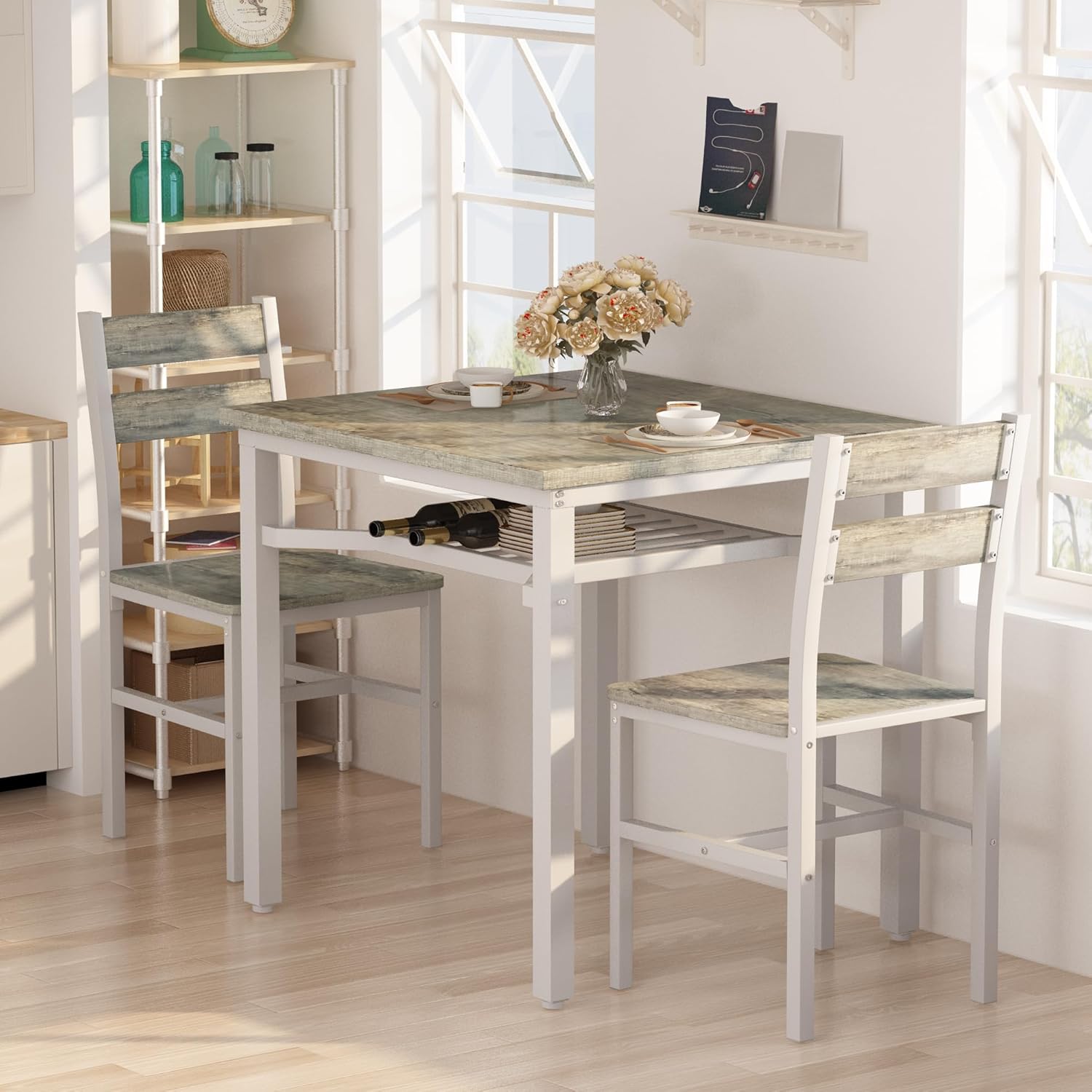 LinkRomat Small Dining Table for 2, Wooden Dinner Table with Storage, 3 Piece Farmhouse Square Dinette Set for Dining Room, Apartment, Small Space