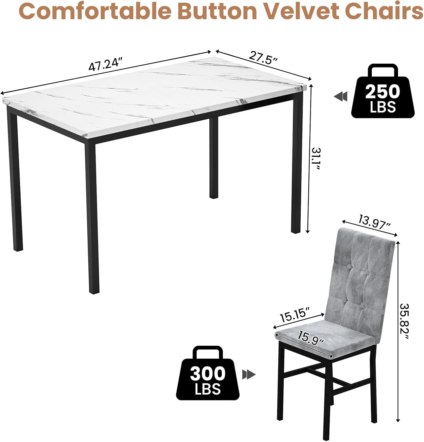 LinkRomat Modern Dining Table Set, Grey Faux Marble Rectangular Table Set and 4 Black PU Cushion Chairs, Dining Room Home Furniture for Small Space