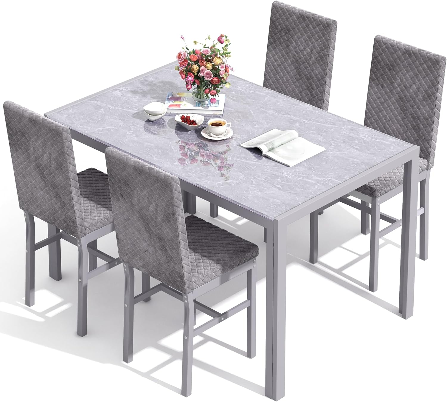 LinkRomat Dining Table Set for 4, Glass Table & PU Leather Chairs, Kitchen Tabletop and Chairs Set for Small Space, Apartment, Home Furniture, White